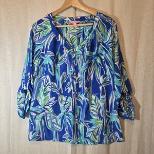 Lilly Pulitzer Womens Small Elsa Silk Floral Top Bamboo Blue Long Sleeve Preppy